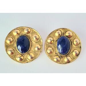 Vintage Dauplaise Signed Faux Lapis Clip-On Earrings Gold Blue Cabochon